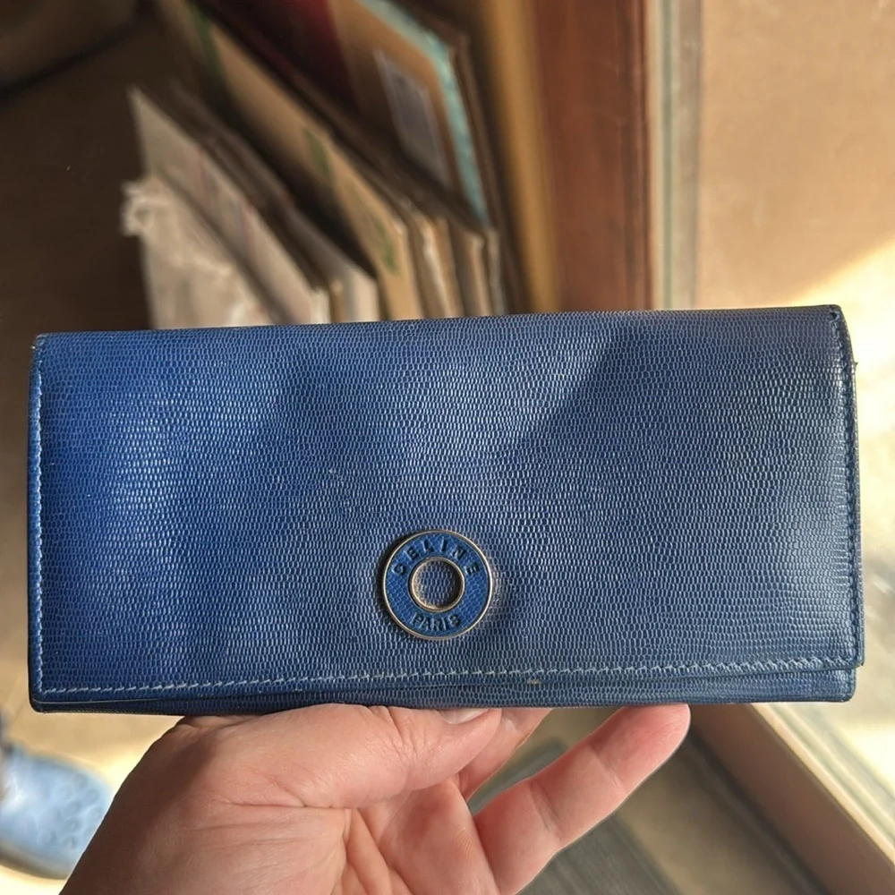 Celine Blue Leather Large Wallet Red Interior Continental Snap Italy - Picture 4 of 9